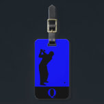 Monogram Sports Black Blue Golf Luggage Travel Luggage Tag<br><div class="desc">Luggage tag with a man swinging a golf club on a blue background and monogram initial(s) or name on a black stripe monogram frame. Personalize with your monogram initial(s) or name,  name,  and address information using the easy templates. Font color,  font style,  font size,  and background color are customizable.</div>