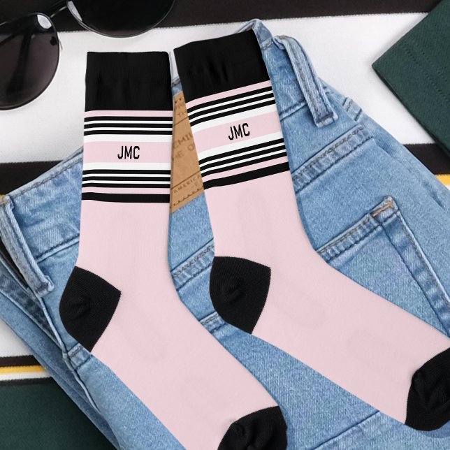 Monogram Sports Stripe Pastel Pink Black Socks (Creator Uploaded)