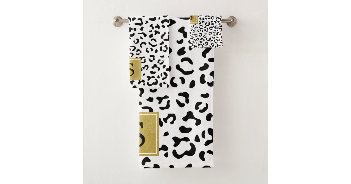 Monogram - Spotted Leopard - Black White Gold Bath Towel Set | Zazzle.com