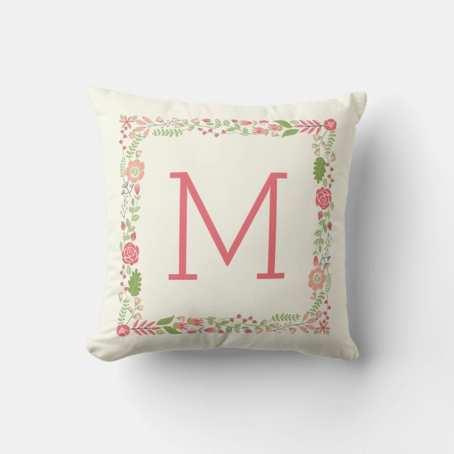 Monogram spring floral border coral modern peach throw pillow (Front)