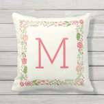 Monogram spring floral border coral modern peach throw pillow