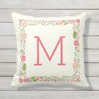 Monogram spring floral border coral modern peach throw pillow