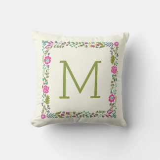 Monogram spring floral border modern aqua, pink outdoor pillow