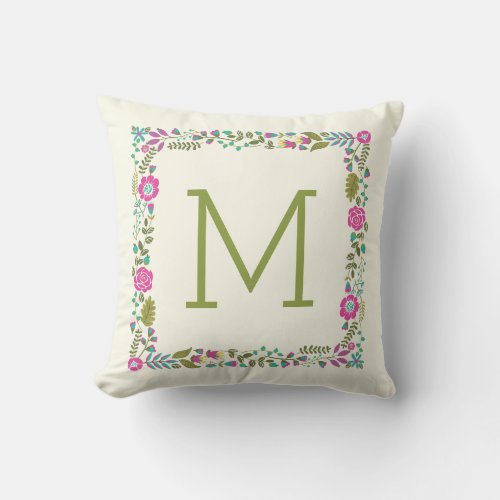 Monogram spring floral border modern aqua pink outdoor pillow