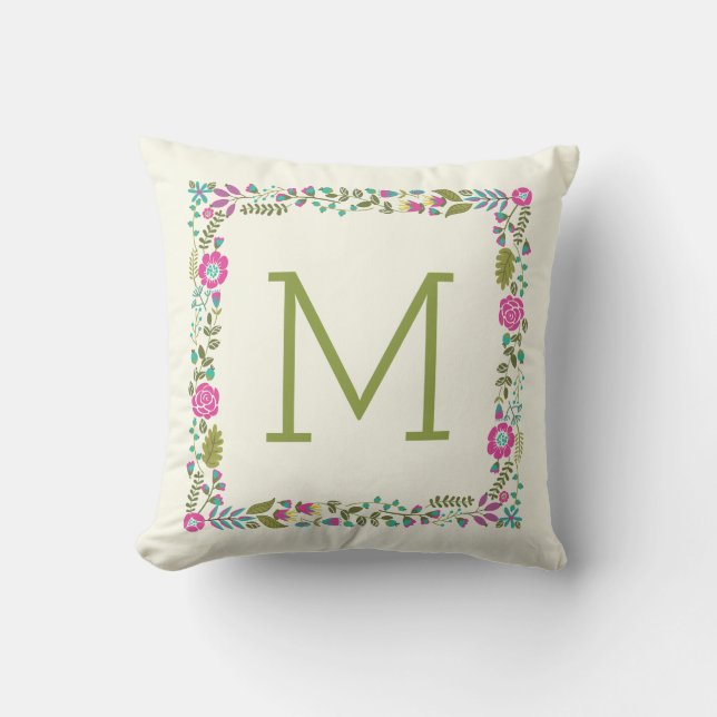 Monogram spring floral border modern aqua, pink outdoor pillow (Front)