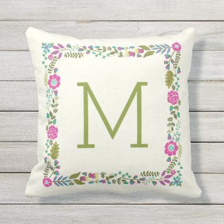 Monogram spring floral border modern aqua, pink outdoor pillow