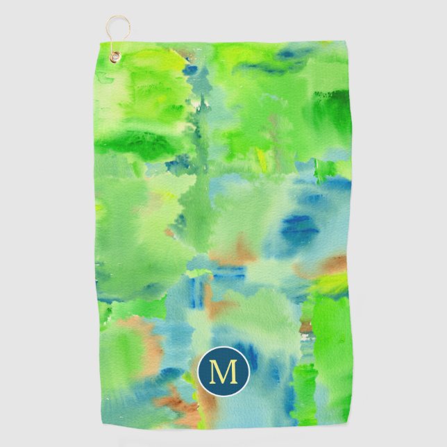 Monogram Spring Forest Abstract Watercolor Collage Golf Towel (Front)
