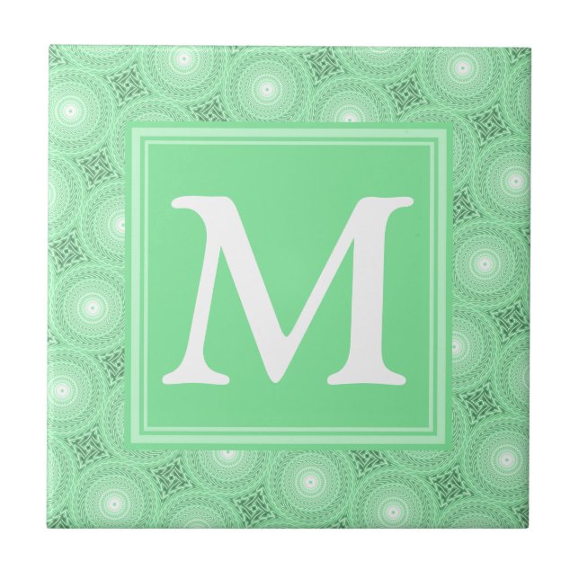 Monogram spring green circles pattern ceramic tile (Front)