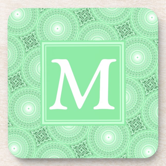Monogram spring green circles pattern drink coaster (Front)