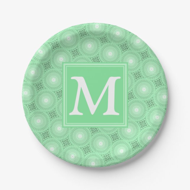 Monogram spring green circles pattern paper plates (Front)