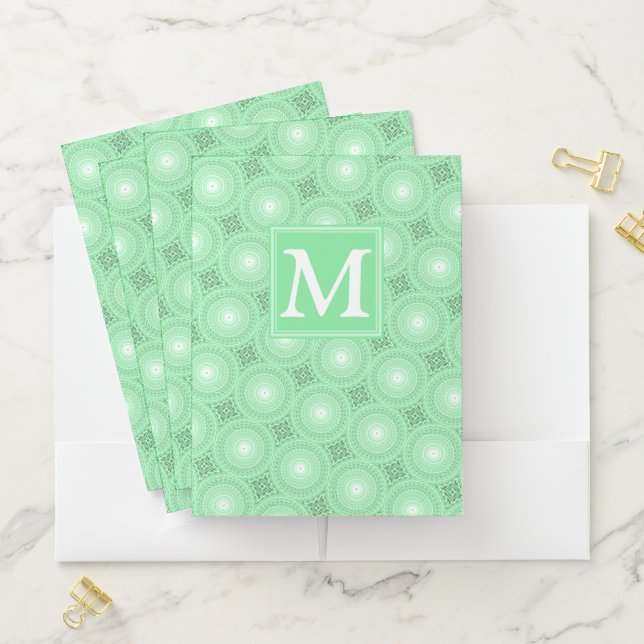 Monogram spring green circles pattern pocket folder (In Situ)