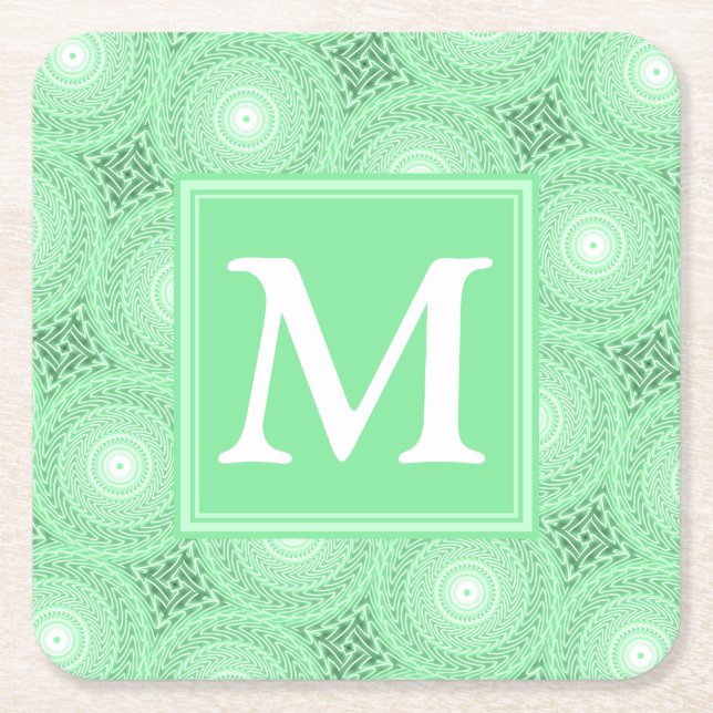Monogram spring green circles pattern square paper coaster (Front)