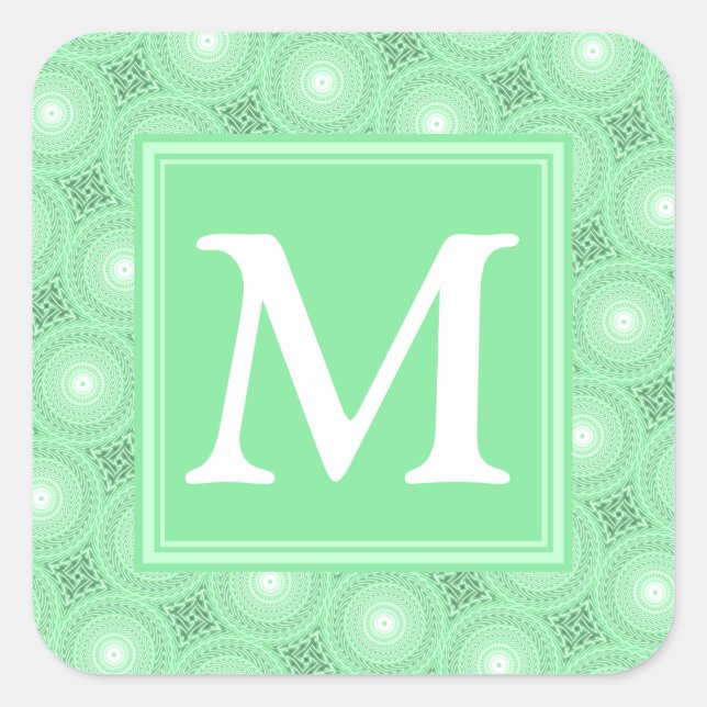 Monogram spring green circles pattern square sticker (Front)