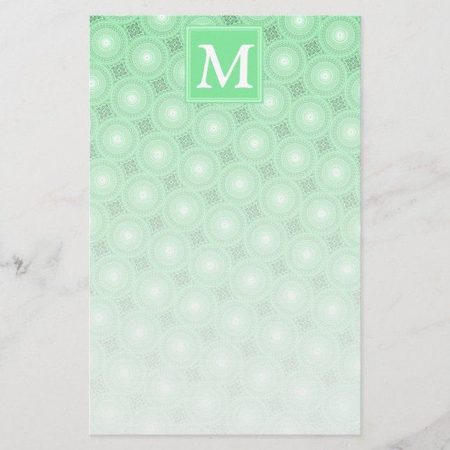 Monogram spring green circles pattern stationery (Front)