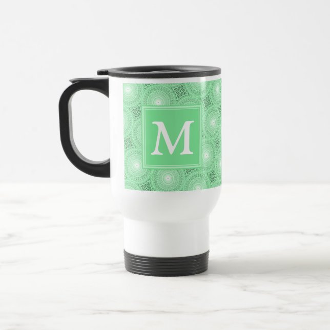 Monogram spring green circles pattern travel mug (Left)