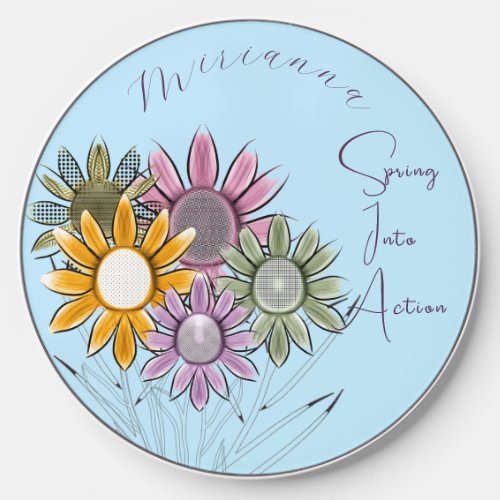 Monogram Spring Into Action Daisy Florals Blue  Wireless Charger