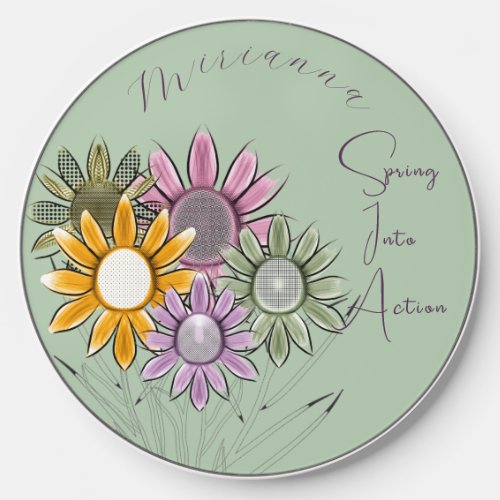 Monogram Spring Into Action Daisy Florals Green Wireless Charger