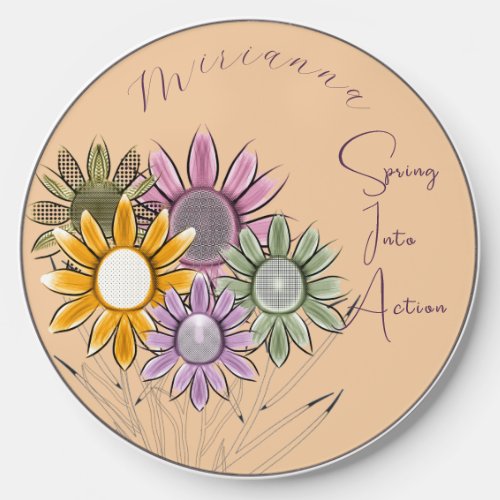 Monogram Spring Into Action Daisy Florals Peach Wireless Charger