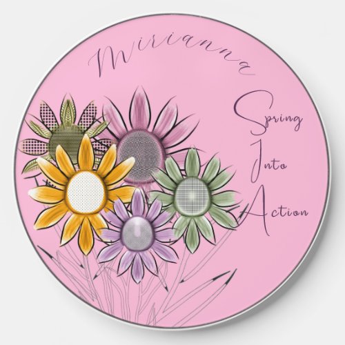 Monogram Spring Into Action Daisy Florals Pink Wireless Charger