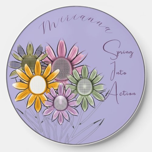 Monogram Spring Into Action Daisy Florals Purple Wireless Charger