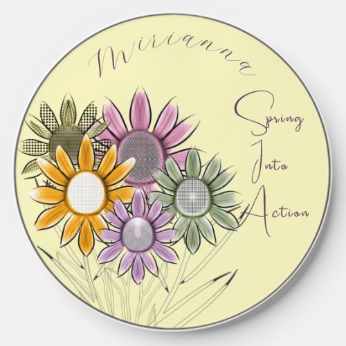Monogram Spring Into Action Daisy Florals Yellow Wireless Charger