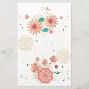 Monogram Spring Peach Flowers Garden Decor Custom Stationery