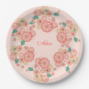 Monogram Spring Peach Flowers Garden Floral Boho Paper Plates