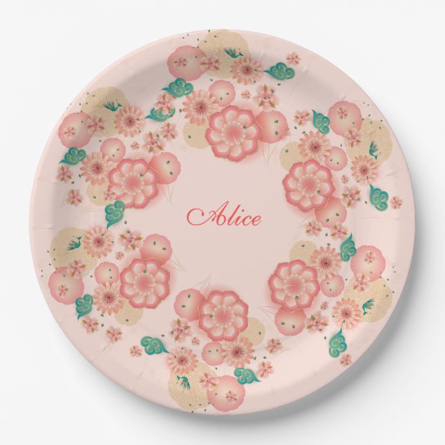 Monogram Spring Peach Flowers Garden Floral Boho Paper Plates (Front)