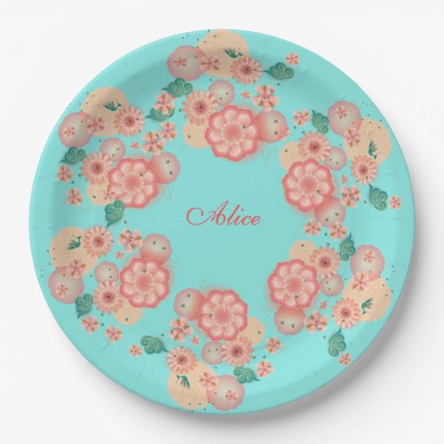 Monogram Spring Peach Flowers Garden Floral Boho Paper Plates