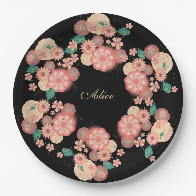 Monogram Spring Peach Flowers Garden Floral Boho Paper Plates (Front)