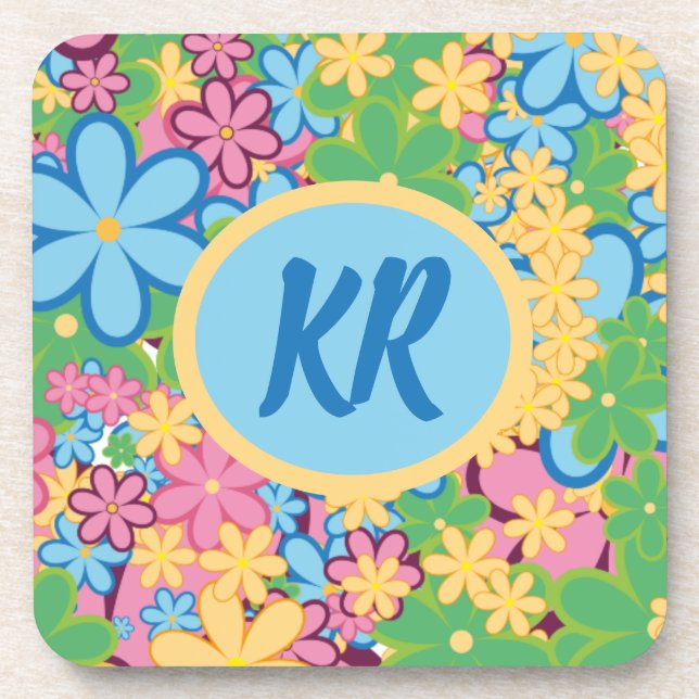 Monogram Springtime Summer 60s Flowers Pattern Beverage Coaster (Front)