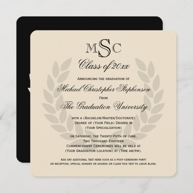 Monogram Square Classic Black College Graduation Invitation (Front/Back)