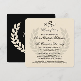 Monogram Square Classic Black College Graduation Invitation