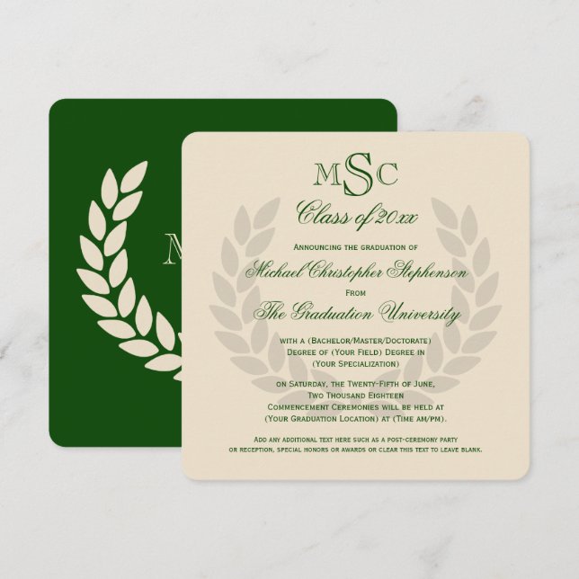 Monogram Square Classic Green College Graduation Invitation (Front/Back)