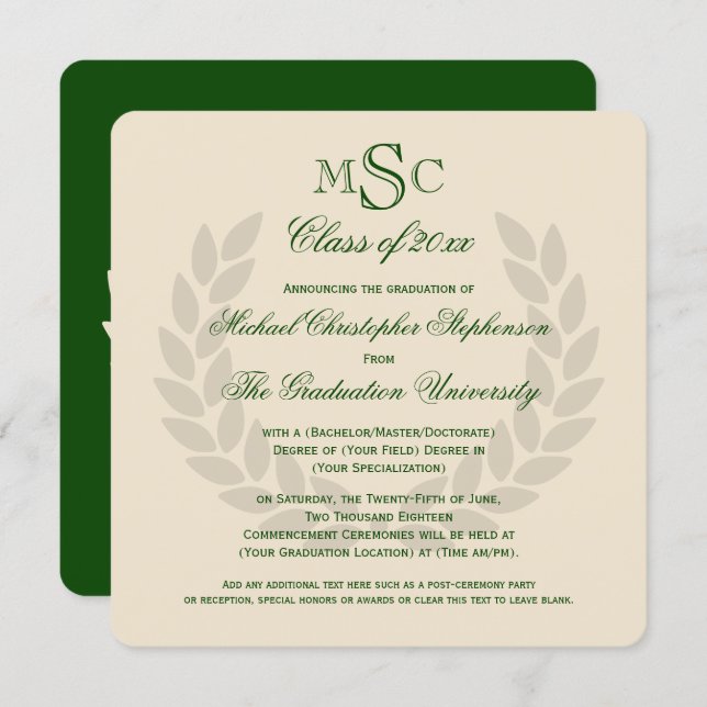 Monogram Square Classic Green College Graduation Invitation (Front/Back)
