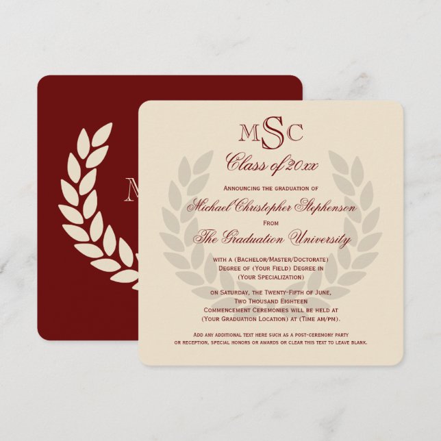 Monogram Square Classic Maroon College Graduation Invitation (Front/Back)