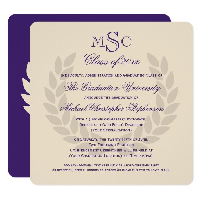 Monogram Square Clic Purple College Graduation Invitation Purple College Graduation Invitation