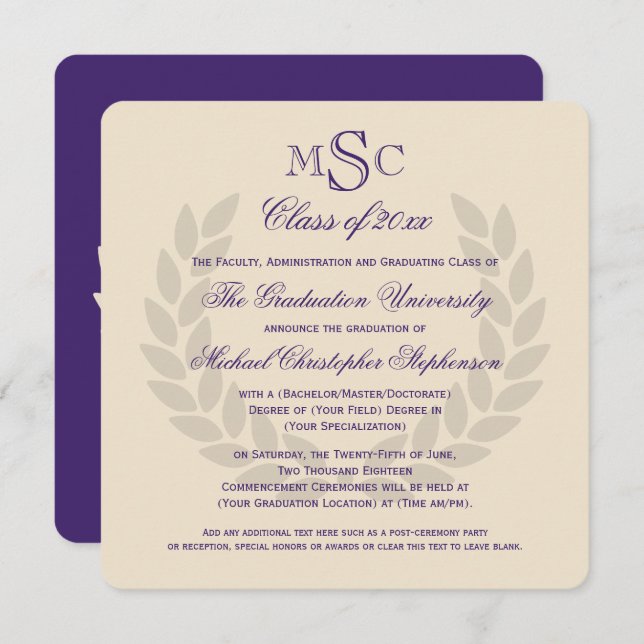 Monogram Square Classic Purple College Graduation Invitation (Front/Back)