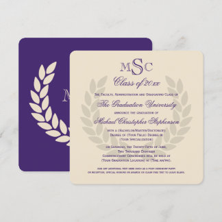 Monogram Square Classic Purple College Graduation Invitation