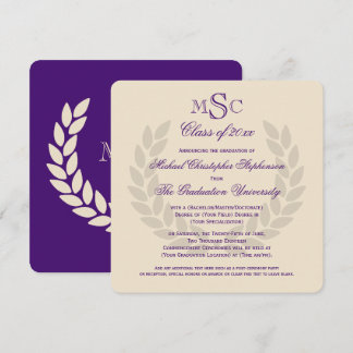 Monogram Square Classic Purple College Graduation Invitation