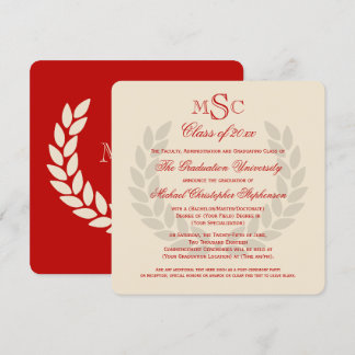 Monogram Square Classic Red College Graduation Invitation