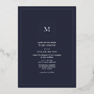 Monogram Square Dark Blue Wedding Foil Invitation