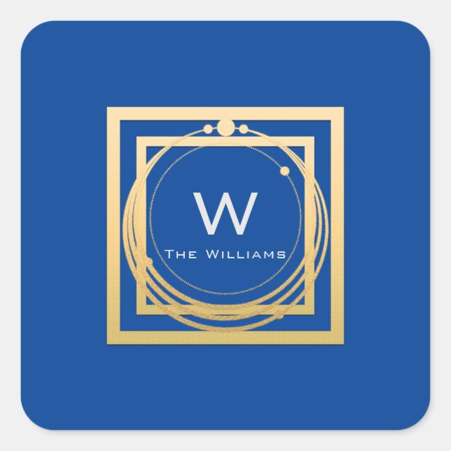 Monogram Square Gold Geometry Royal Blue Square Sticker (Front)