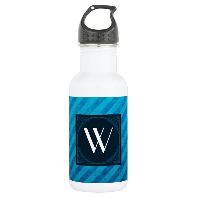 Monogram Square on Blue Diagonal Stripes Water Bottle (Front)