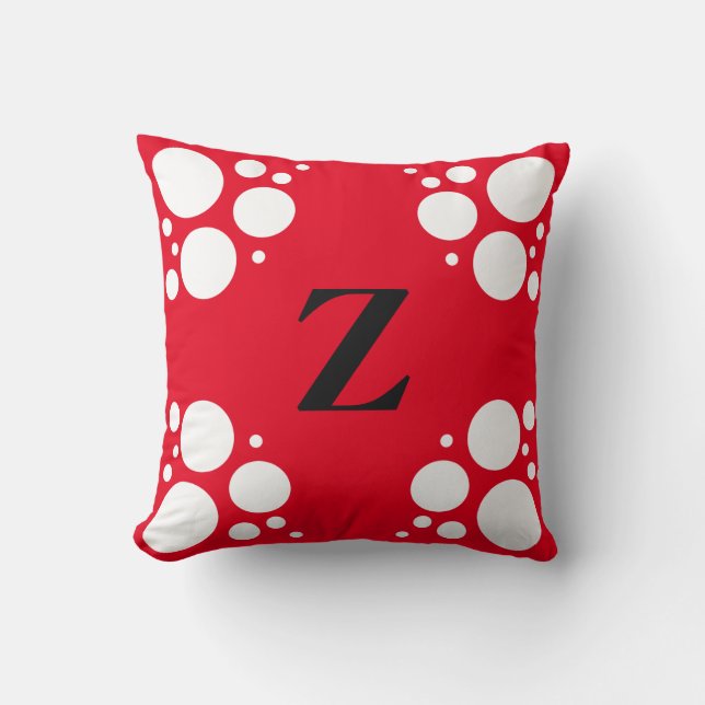 Monogram square pillow, polka dot black red throw pillow (Front)