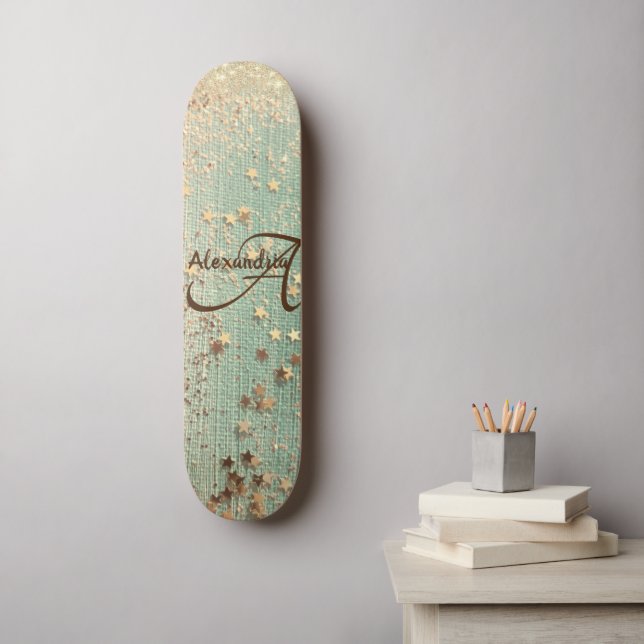 Monogram Stardust Glitter on Sea Green  Skateboard (Wall Art)