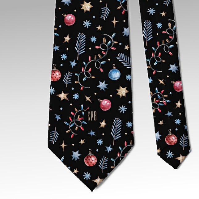 Monogram, Stars Ornaments Holiday Lights Black Neck Tie (Creator Uploaded)