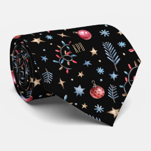 Monogram, Stars Ornaments Holiday Lights Black Neck Tie