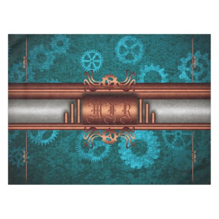 Monogram, Steampunk Deco fusion, copper and teal Tablecloth