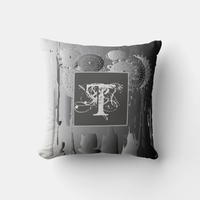Monogram Steampunk Gradiant Grey w/Mandala Flowers Throw Pillow (Front)